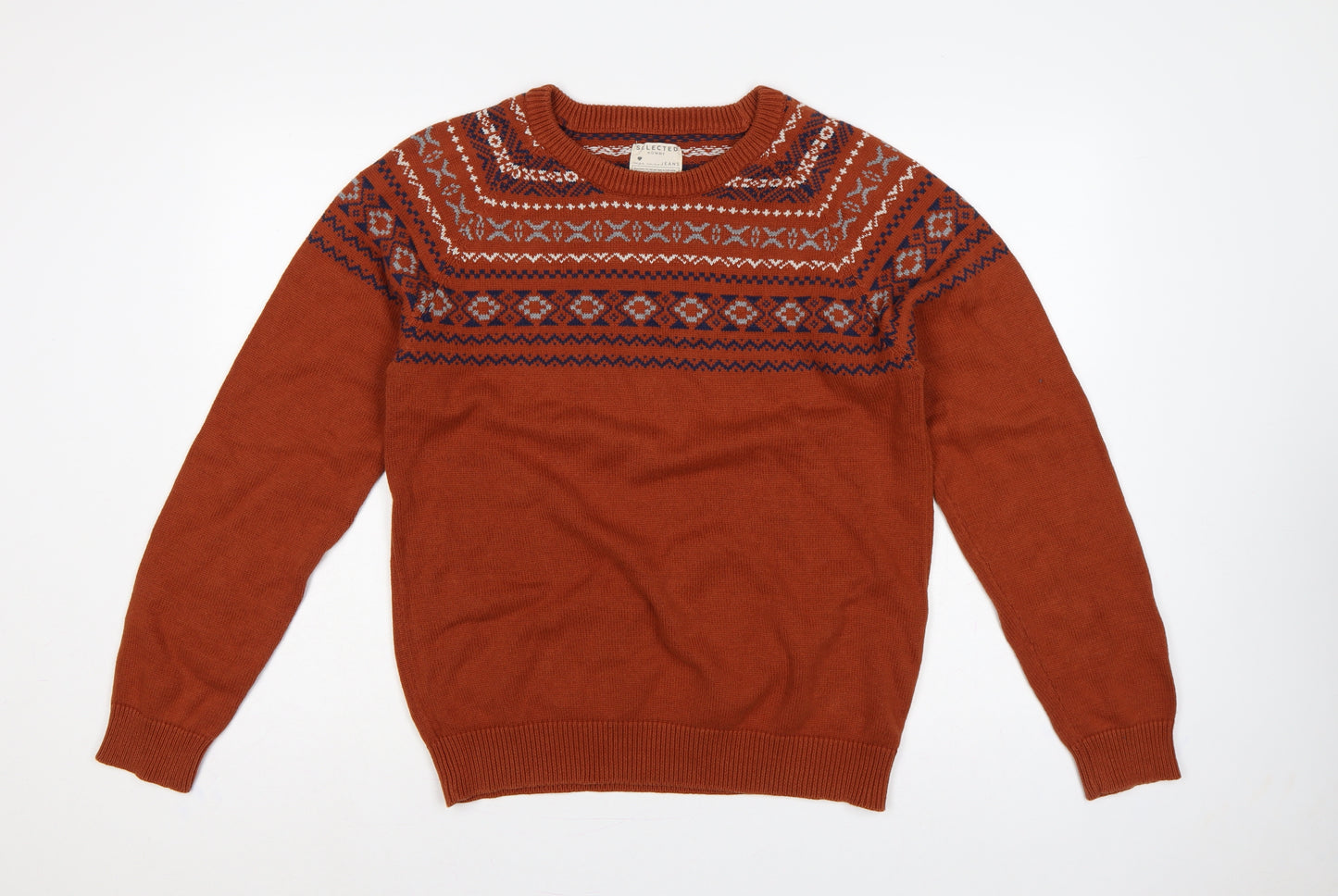 Selected Homme Men's Orange M Fair Isle Crew Neck Cotton Jumper