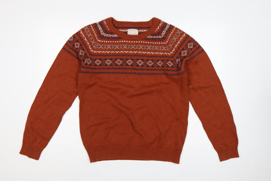 Selected Homme Men's Orange M Fair Isle Crew Neck Cotton Jumper