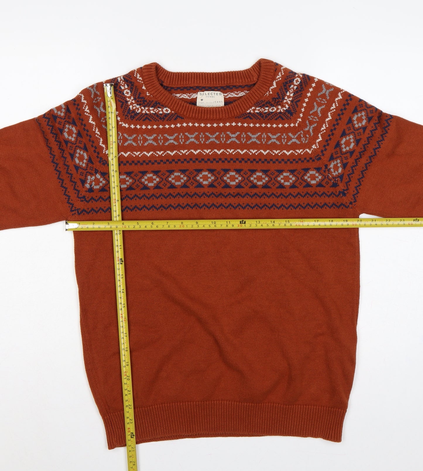 Selected Homme Men's Orange M Fair Isle Crew Neck Cotton Jumper