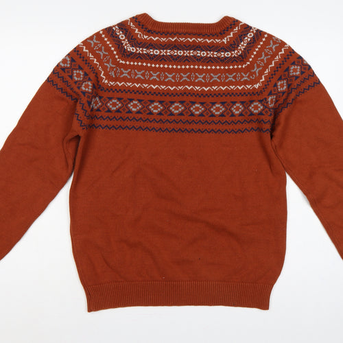 Selected Homme Men's Orange M Fair Isle Crew Neck Cotton Jumper