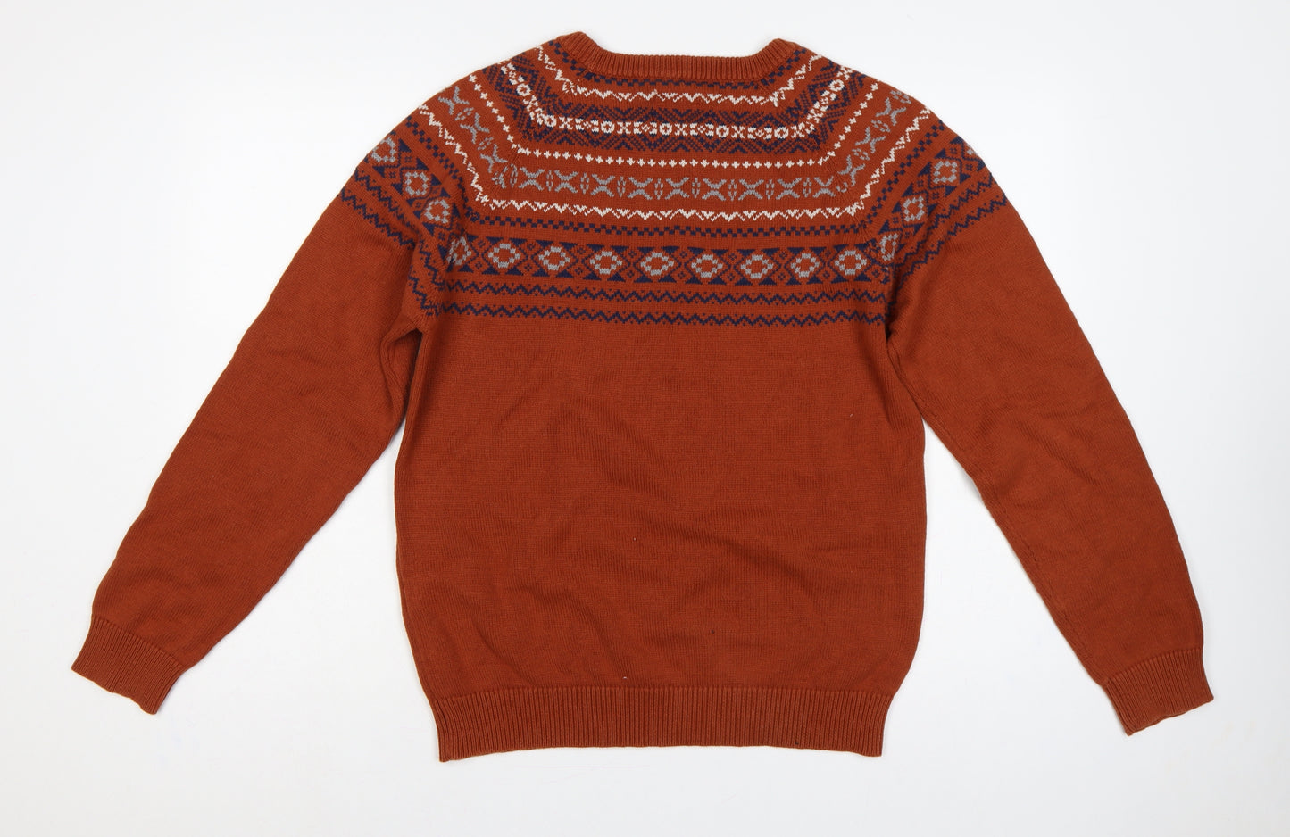Selected Homme Men's Orange M Fair Isle Crew Neck Cotton Jumper