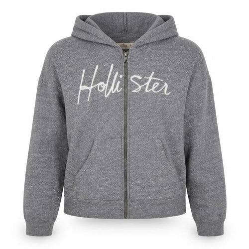 Hollister Women Grey S Full Zip Hooded Logo Fleece Hoodie