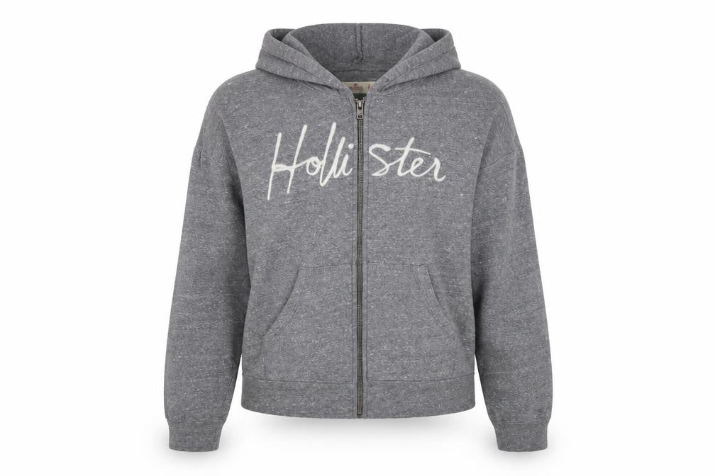 Hollister Women Grey S Full Zip Hooded Logo Fleece Hoodie