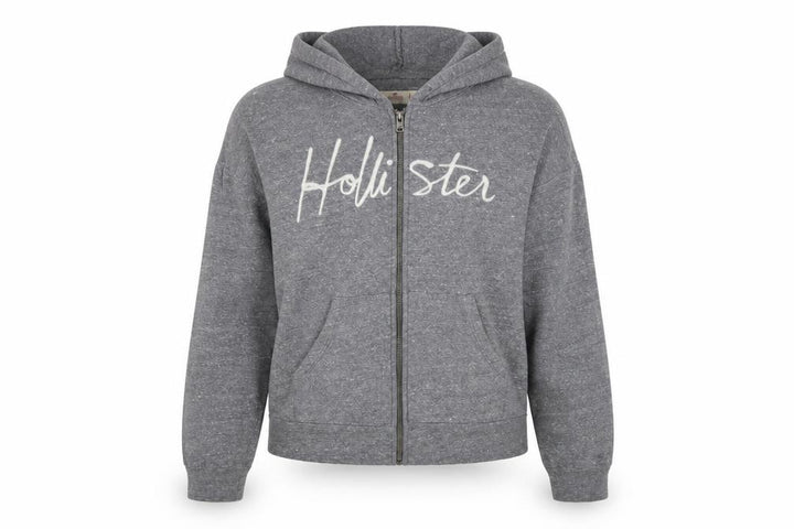 Hollister Women Grey S Full Zip Hooded Logo Fleece Hoodie