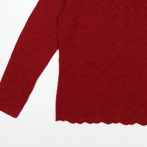 BM Women’s Red M Open Knit Round Neck Long Sleeve Pullover Jumper