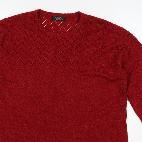 BM Women’s Red M Open Knit Round Neck Long Sleeve Pullover Jumper