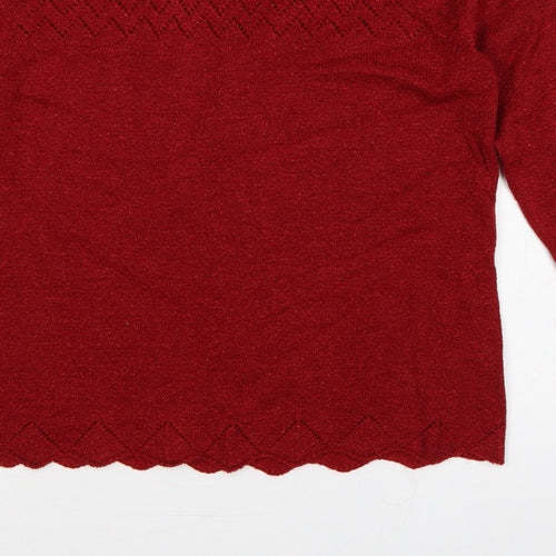 BM Women’s Red M Open Knit Round Neck Long Sleeve Pullover Jumper