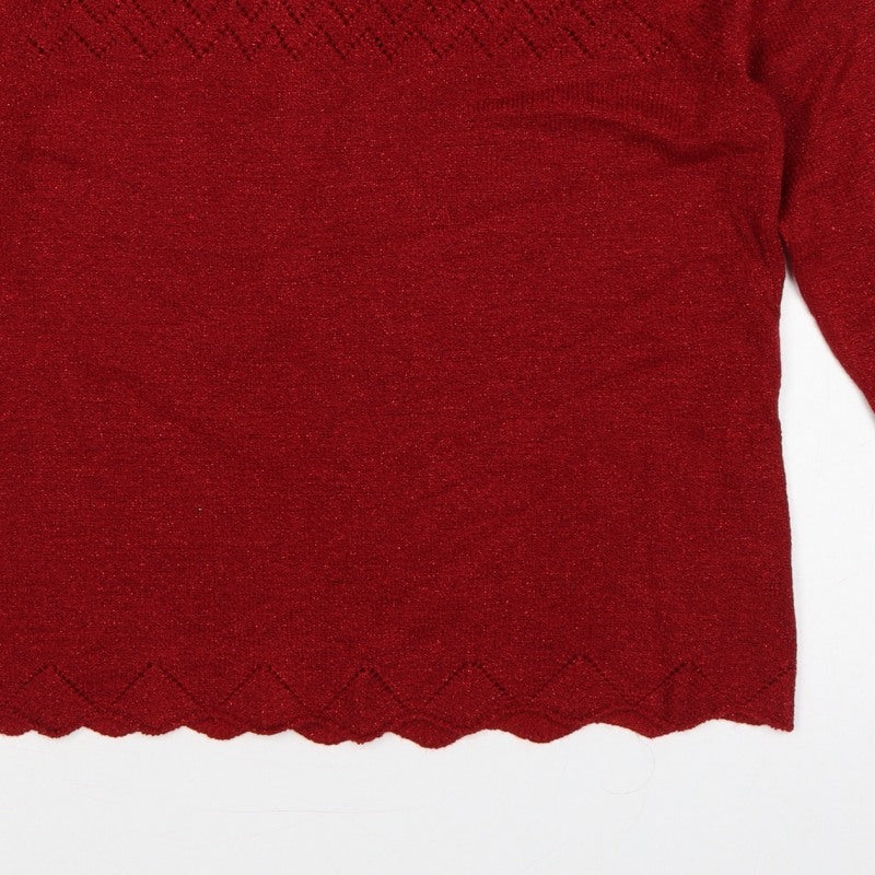 BM Women’s Red M Open Knit Round Neck Long Sleeve Pullover Jumper