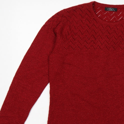 BM Women’s Red M Open Knit Round Neck Long Sleeve Pullover Jumper