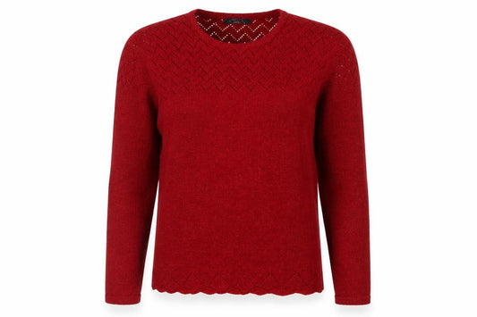 BM Women’s Red M Open Knit Round Neck Long Sleeve Pullover Jumper