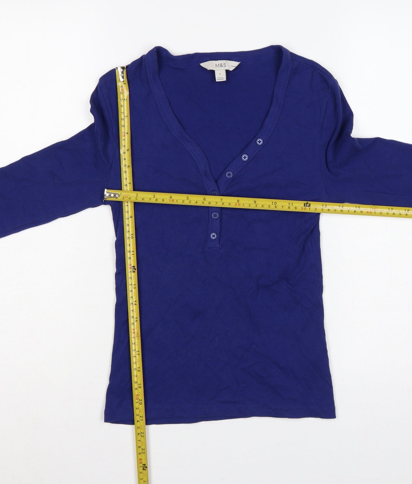 Marks and Spencer Women’s Blue Size 8 Ribbed V-Neck Henley Top