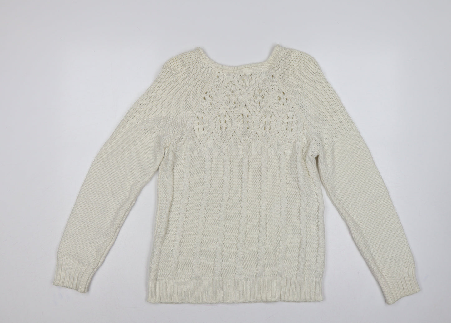 Marks and Spencer Women Ivory UK 12 Cable Knit Round Neck Jumper