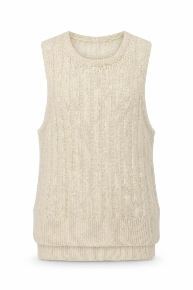 Front view of Zara Women Ivory S Sleeveless Knit Sheer Scoop Neck Tank Top