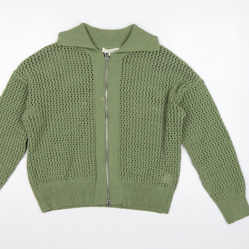 Greige Women Green M Full Zip Open Knit Collared Jumper