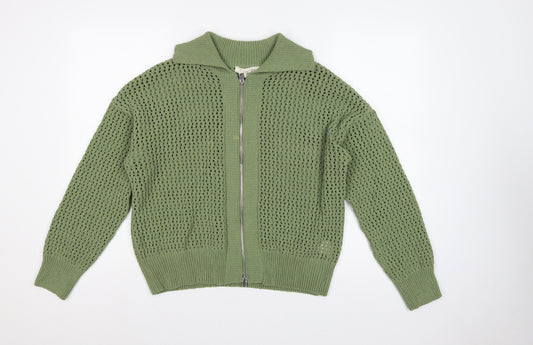 Greige Women Green M Full Zip Open Knit Collared Jumper