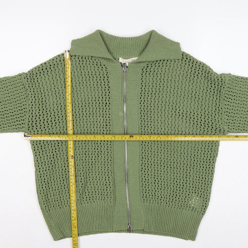 Greige Women Green M Full Zip Open Knit Collared Jumper