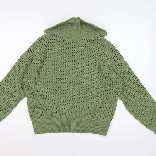 Greige Women Green M Full Zip Open Knit Collared Jumper