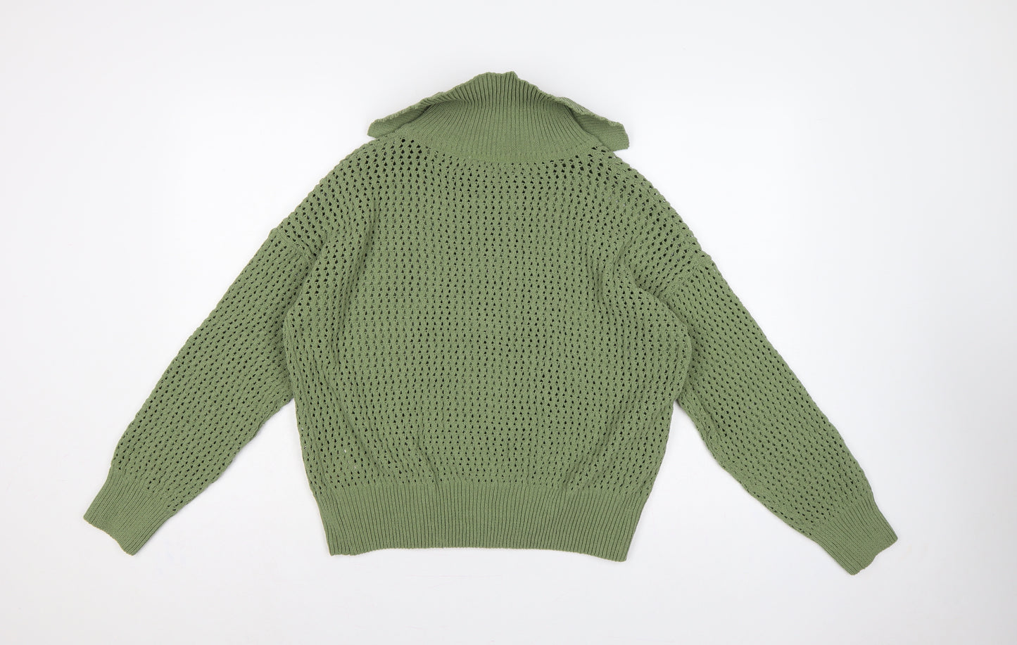 Greige Women Green M Full Zip Open Knit Collared Jumper