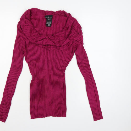 It's Our Time Women Pink L Ribbed Cowl Neck Ruffle Knit Jumper