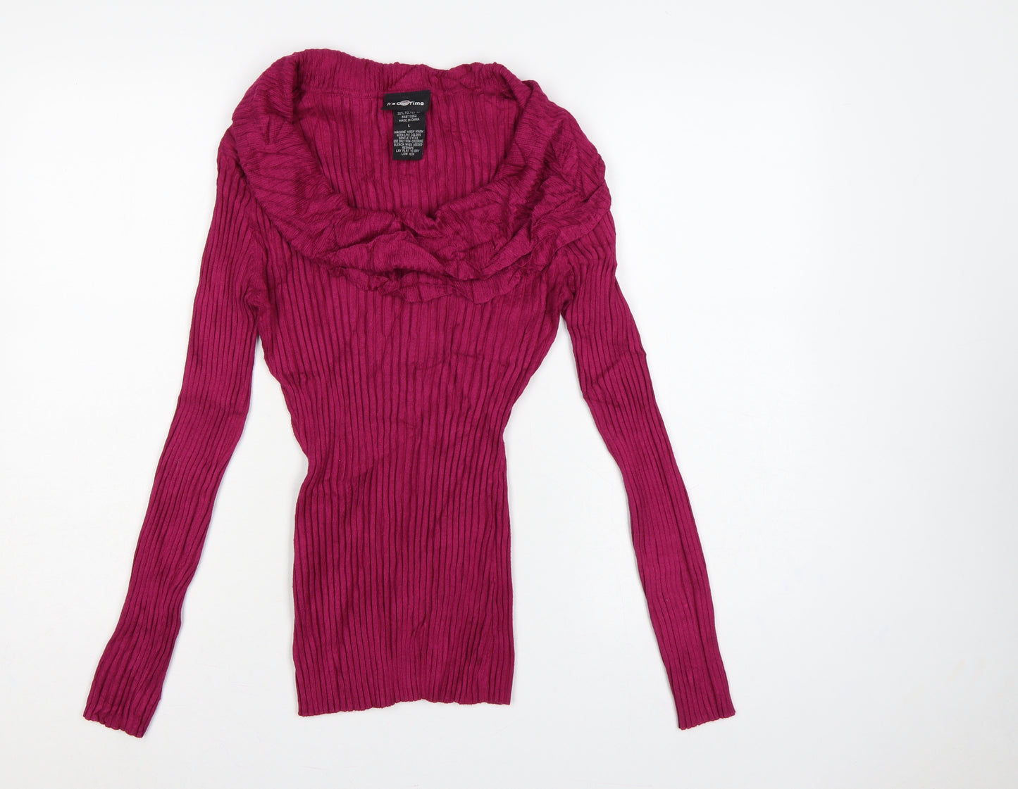 It's Our Time Women Pink L Ribbed Cowl Neck Ruffle Knit Jumper