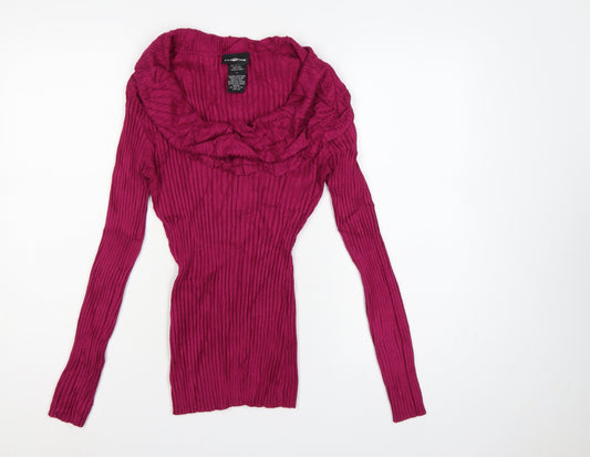 It's Our Time Women Pink L Ribbed Cowl Neck Ruffle Knit Jumper