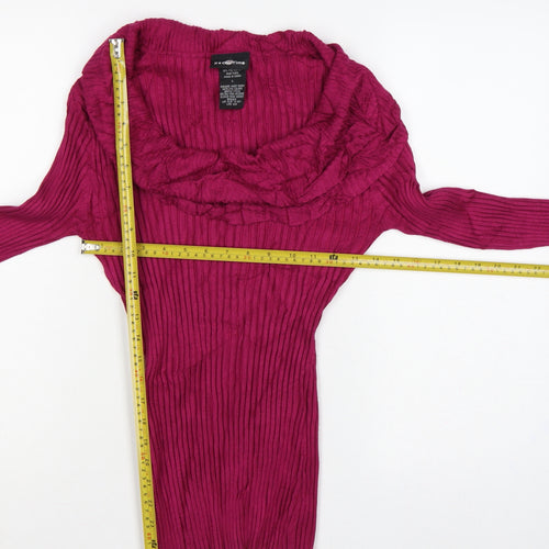 It's Our Time Women Pink L Ribbed Cowl Neck Ruffle Knit Jumper