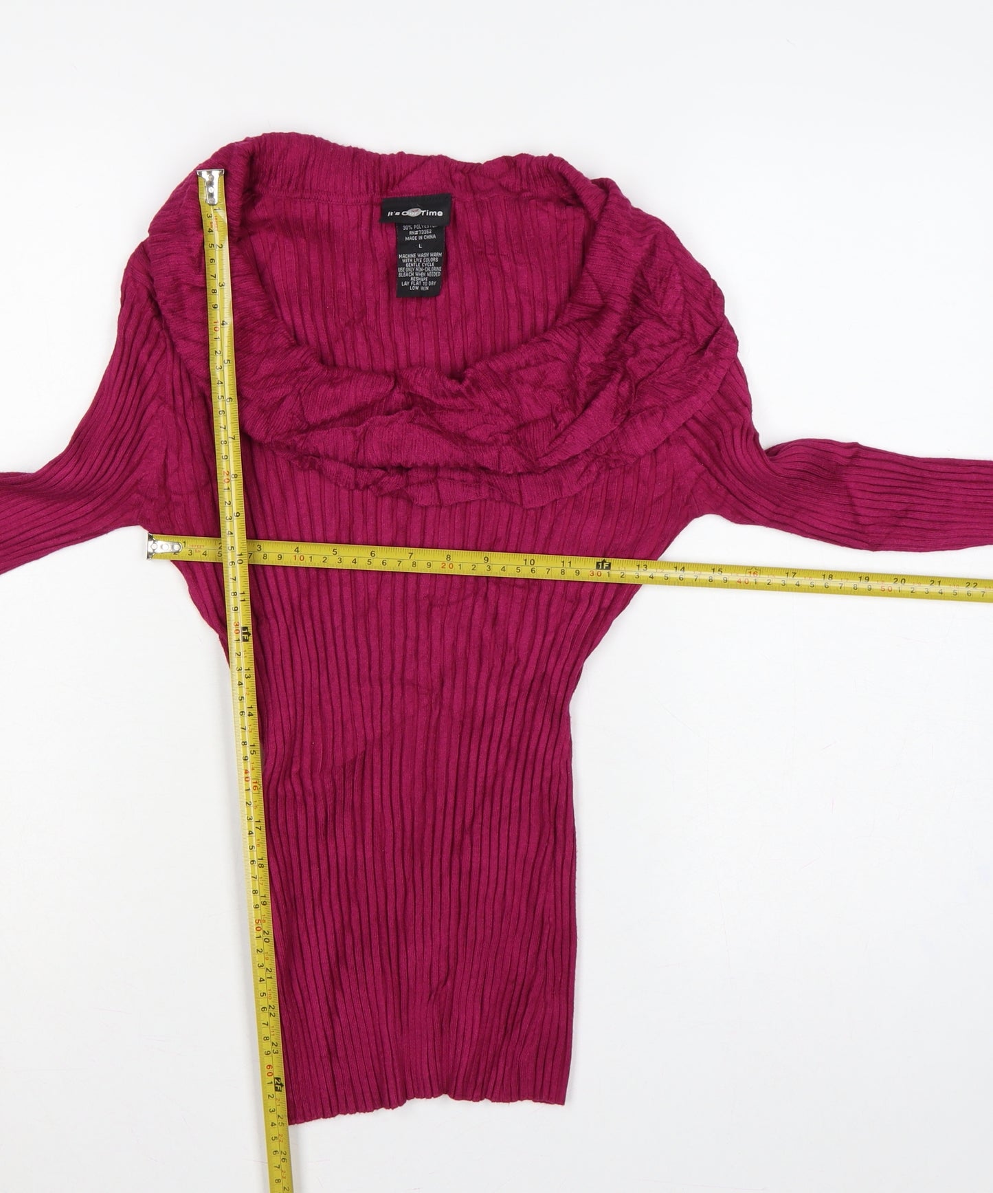 It's Our Time Women Pink L Ribbed Cowl Neck Ruffle Knit Jumper