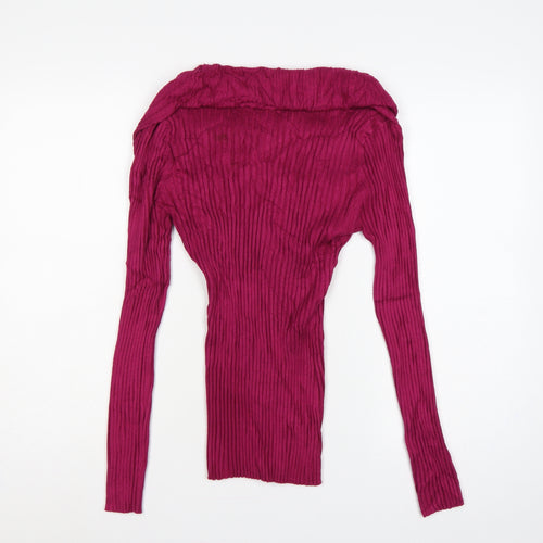 It's Our Time Women Pink L Ribbed Cowl Neck Ruffle Knit Jumper