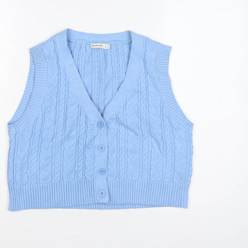 Stradivarius Women Blue S Cable-Knit V-Neck Button Vest Cardigan