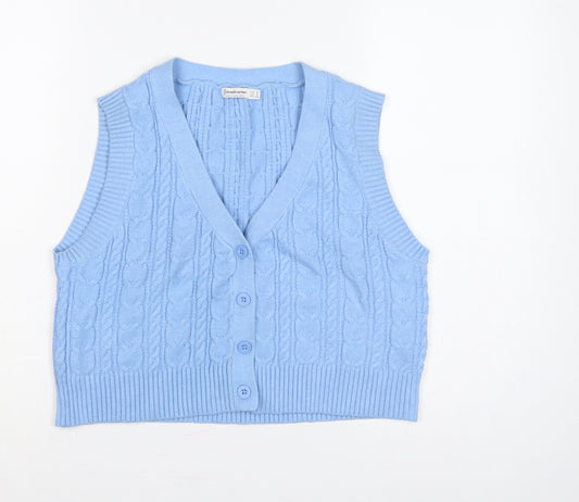 Stradivarius Women Blue S Cable-Knit V-Neck Button Vest Cardigan