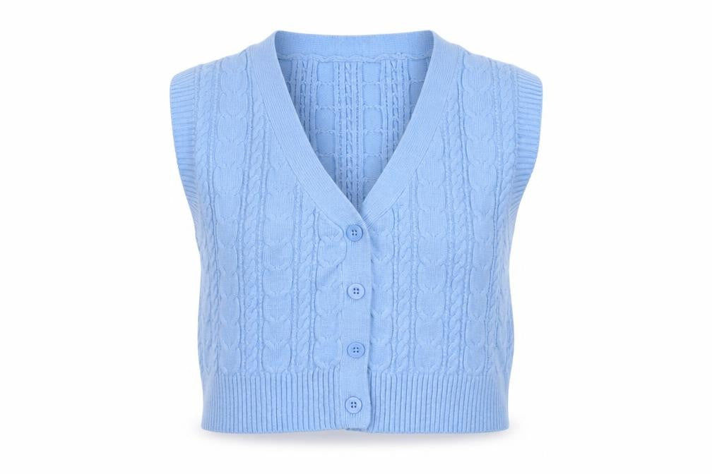 Front view of Stradivarius Women Blue S Cable-Knit V-Neck Button Vest Cardigan