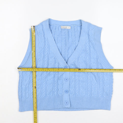 Stradivarius Women Blue S Cable-Knit V-Neck Button Vest Cardigan