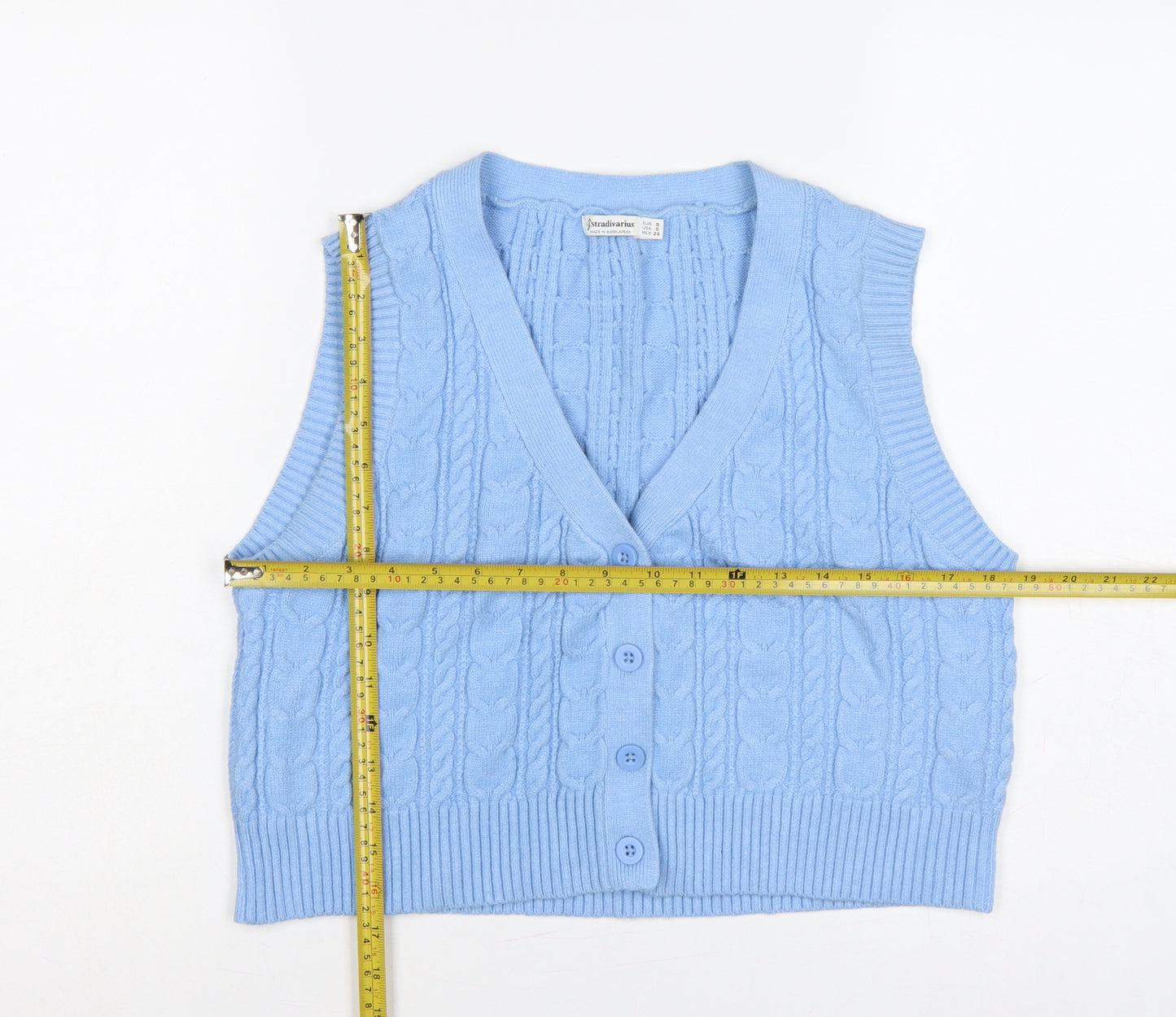 Stradivarius Women Blue S Cable-Knit V-Neck Button Vest Cardigan
