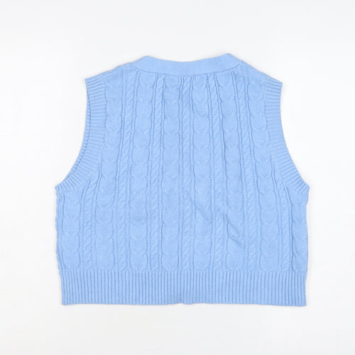 Stradivarius Women Blue S Cable-Knit V-Neck Button Vest Cardigan