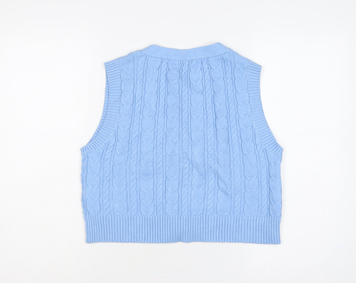 Stradivarius Women Blue S Cable-Knit V-Neck Button Vest Cardigan