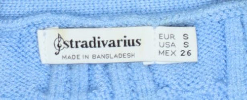 Stradivarius Women Blue S Cable-Knit V-Neck Button Vest Cardigan