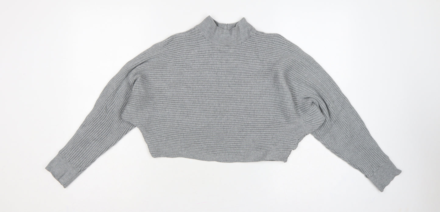 New Look Women Grey M Rib Knit Mock Neck Cropped Jumper