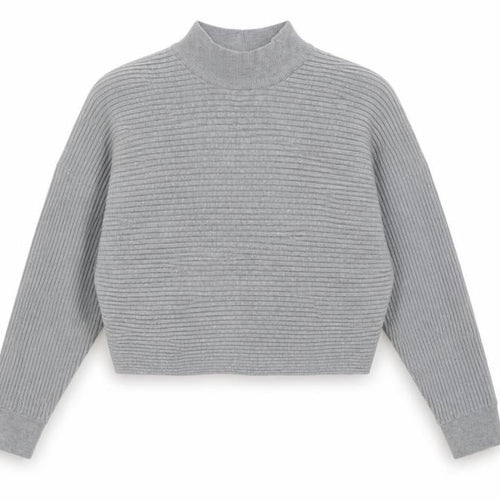 New Look Women Grey M Rib Knit Mock Neck Cropped Jumper