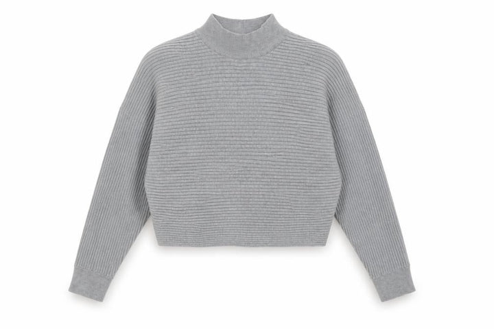 New Look Women Grey M Rib Knit Mock Neck Cropped Jumper