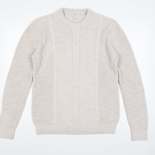 Next Men's Beige L Cable-Knit Crew Neck Cotton Blend Pullover Jumper