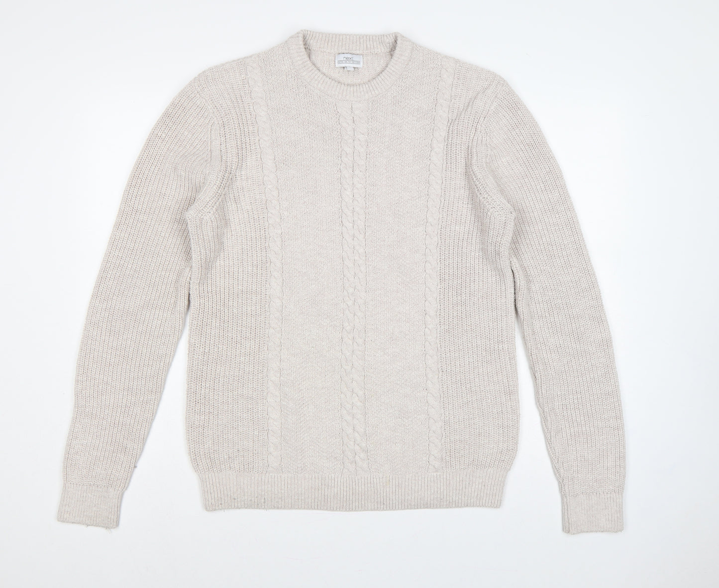 Next Men's Beige L Cable-Knit Crew Neck Cotton Blend Pullover Jumper