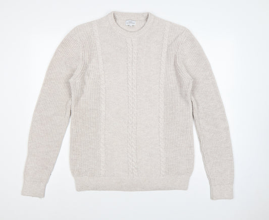 Next Men's Beige L Cable-Knit Crew Neck Cotton Blend Pullover Jumper