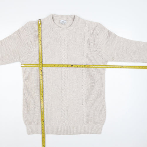 Next Men's Beige L Cable-Knit Crew Neck Cotton Blend Pullover Jumper