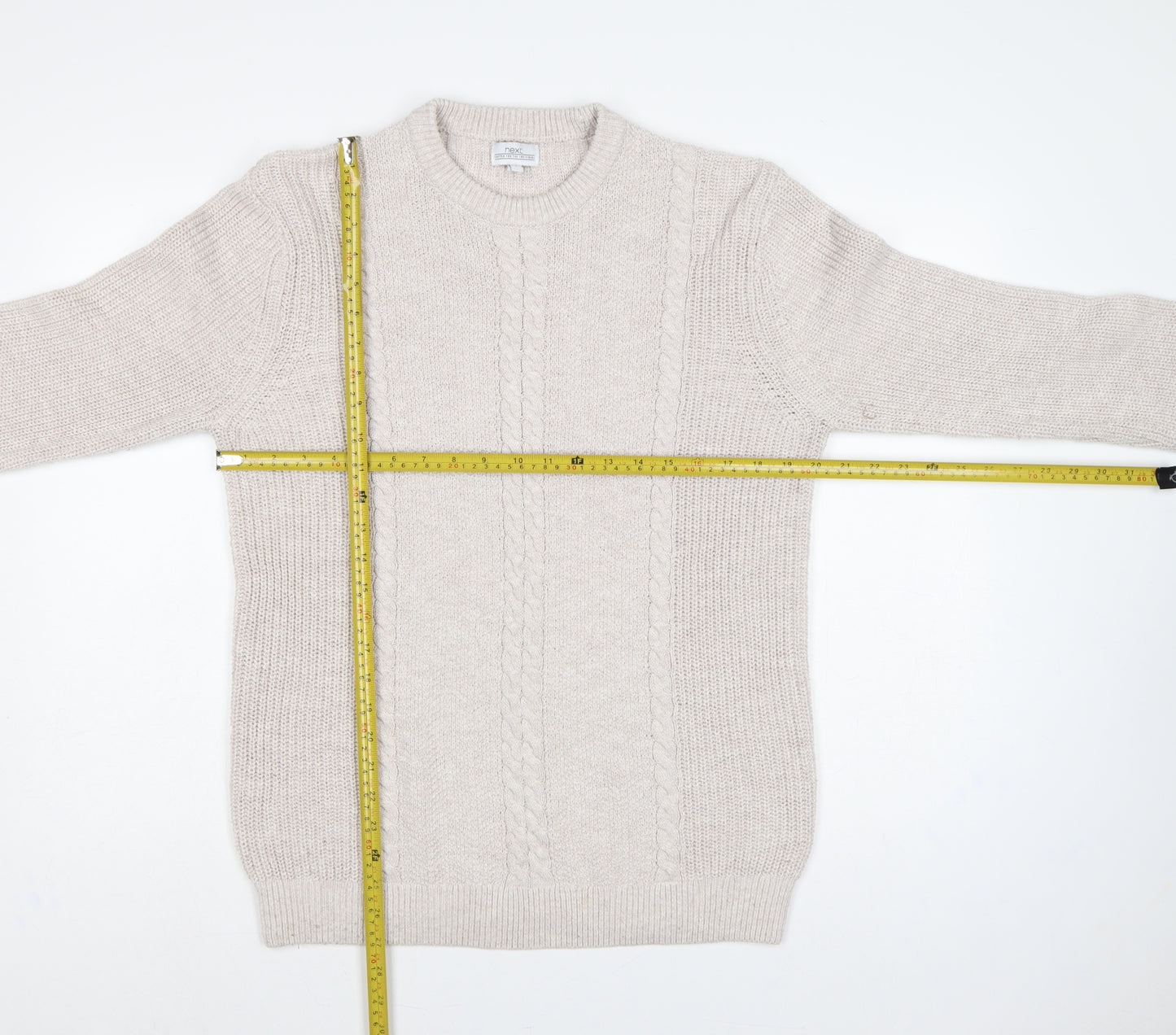 Next Men's Beige L Cable-Knit Crew Neck Cotton Blend Pullover Jumper