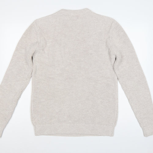 Next Men's Beige L Cable-Knit Crew Neck Cotton Blend Pullover Jumper