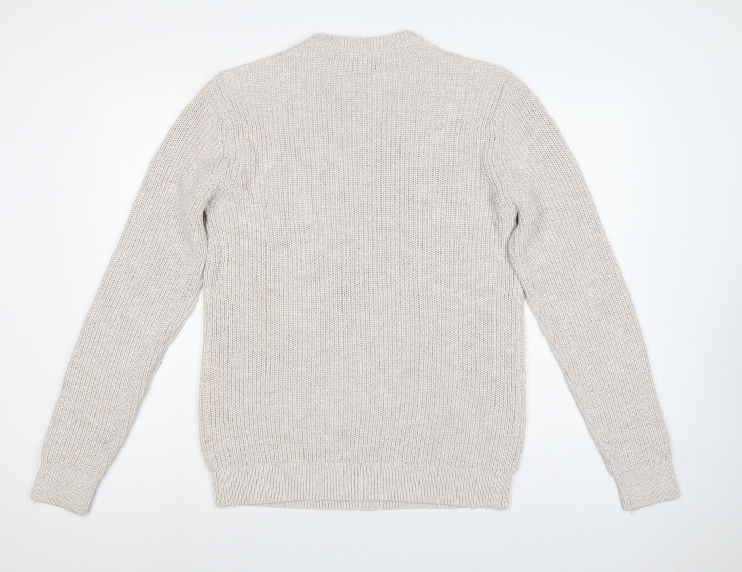 Next Men's Beige L Cable-Knit Crew Neck Cotton Blend Pullover Jumper