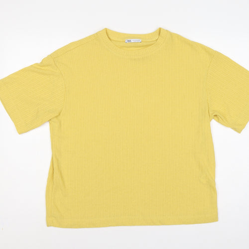 Zara Women Yellow M Short Sleeve Rib Knit Crew Neck Pullover Jumper