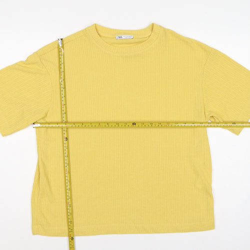 Zara Women Yellow M Short Sleeve Rib Knit Crew Neck Pullover Jumper