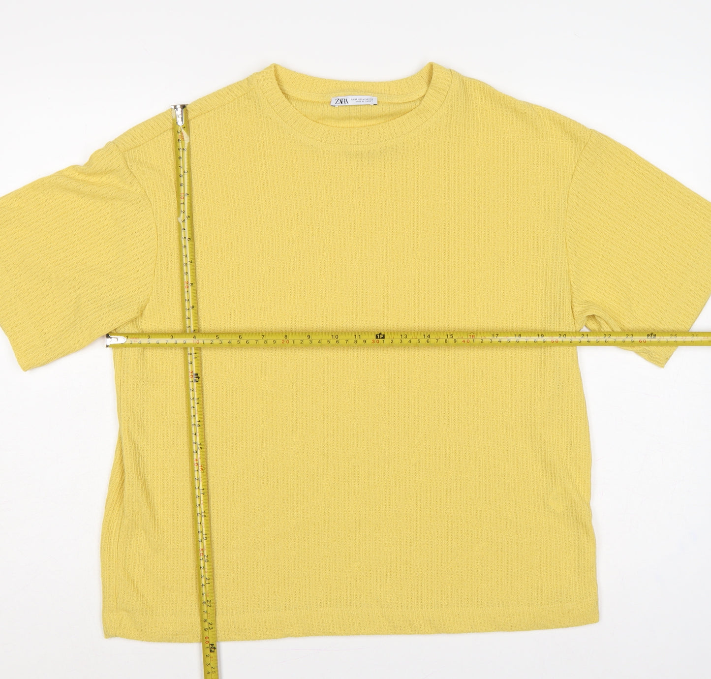 Zara Women Yellow M Short Sleeve Rib Knit Crew Neck Pullover Jumper