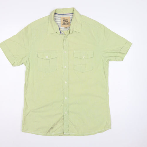 Marks & Spencer Men Green M Cotton Striped Short Sleeve Button-Up Shirt